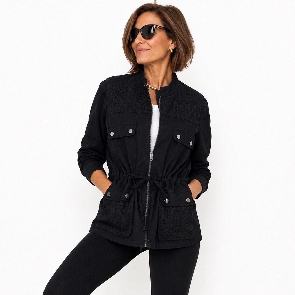 Black Utility Jacket Cotton Eyelet
